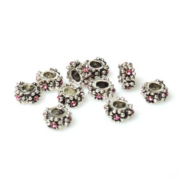 Flower Pattern Charm Bead with Pink Rhinestone